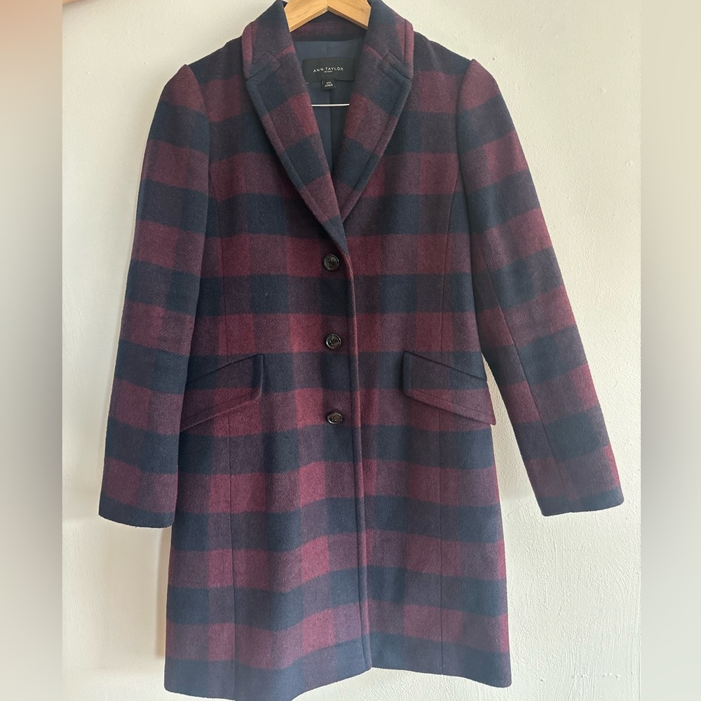 Ann Taylor Factory Buffalo Check Plaid Wool-Blend Coat (XXS)
